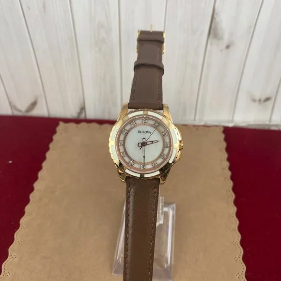 Bulova 2 Tone White Enamel and Rose Gold Crystal Dial New Brown Leather Strap - Picture 3 of 8